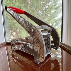 Vintage EKCO French Fry Cutter Press w/ Grid | Metal Potato Slicer, Red Handle